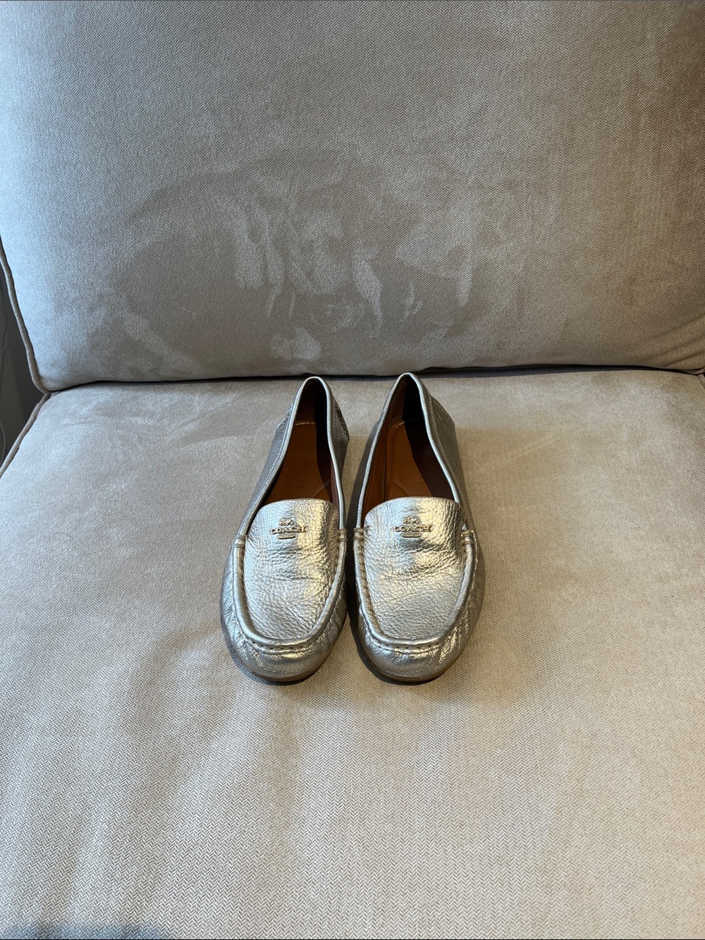 Coach Metallic Silver Leather Penny Loafers